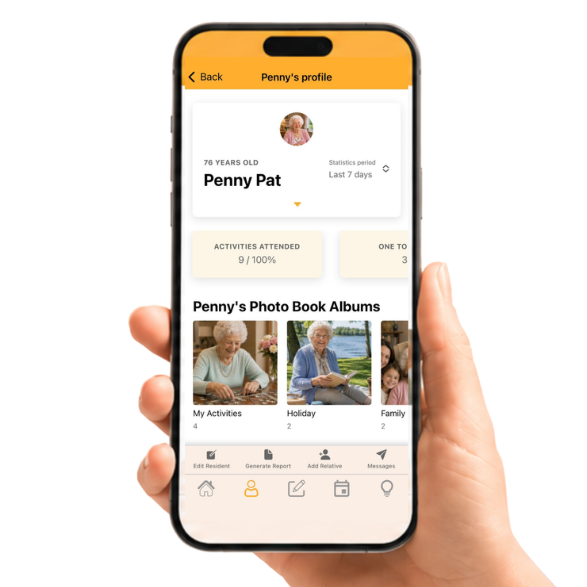 A hand holds a mobile phone with the relish wellbeing open on 'Penny Pat's profile'