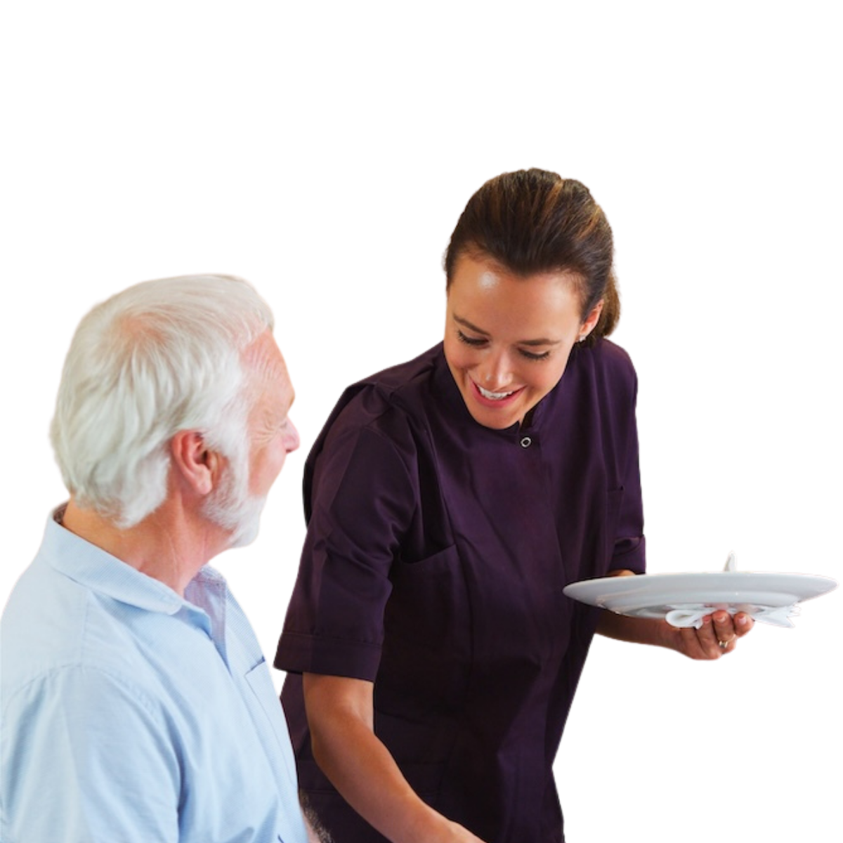 A woman serves an older man a plate of food